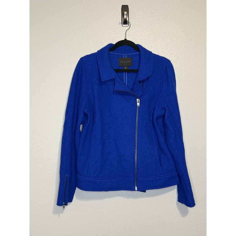 Tahari Bright Blue Boiled Wool & Viscose Zip-Up Moto Jacket Women's Size Medium‎